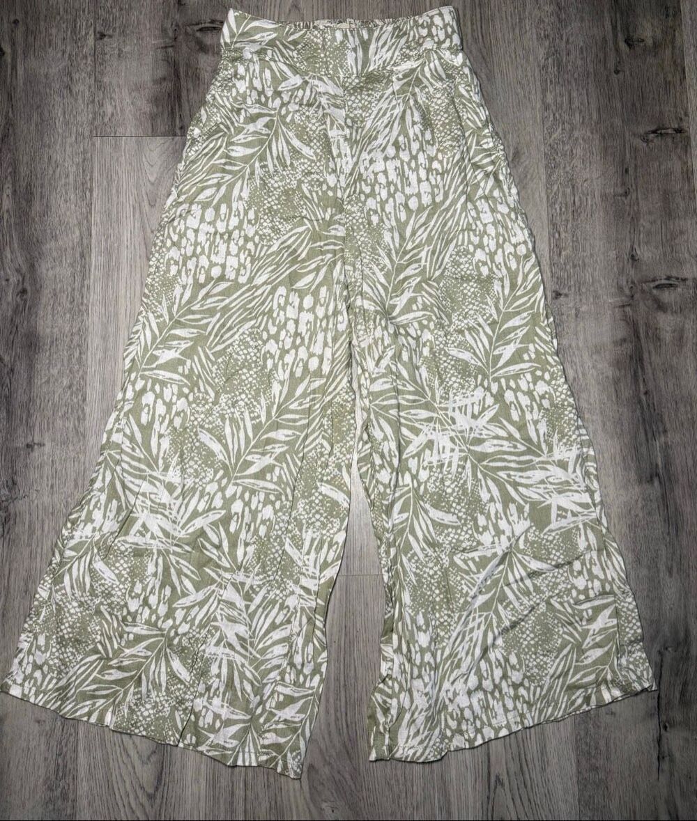 Christian Siriano Pants Womens Green White Linen Wide Leg Tropical XS